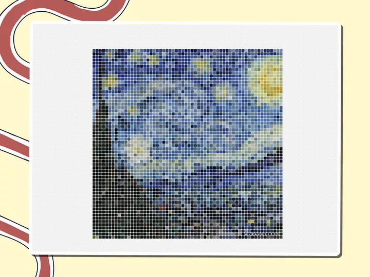 Pixel-art Starry Night painting made of colored squares, a Miro board template by theFacilitainer