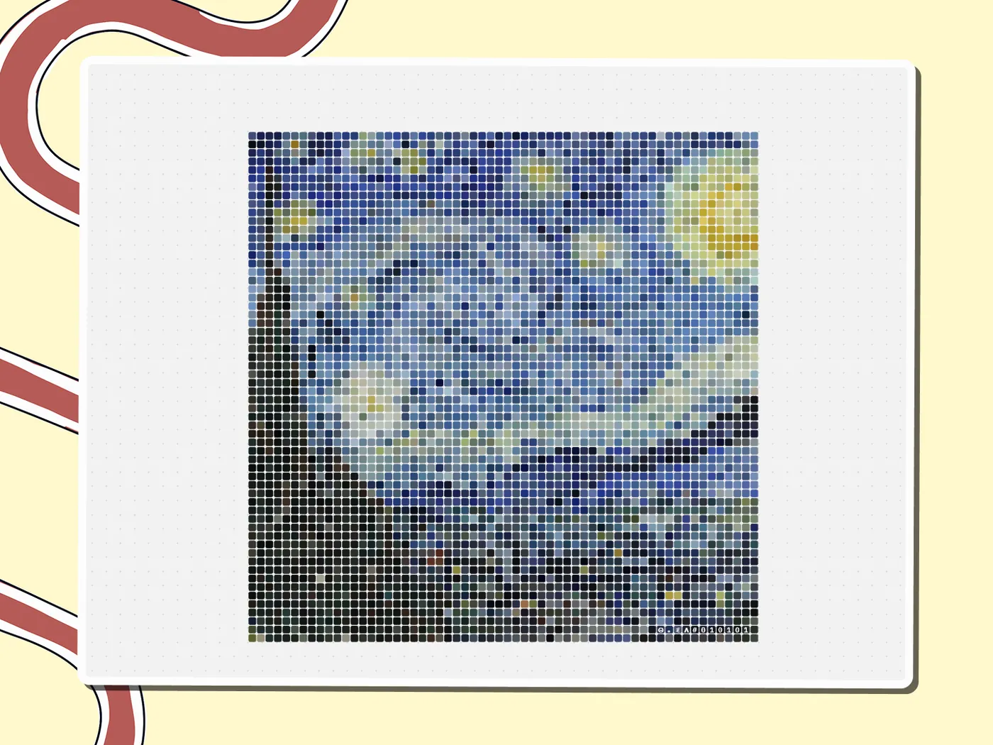 Pixel-art Starry Night painting made of colored squares, a Miro board template by theFacilitainer