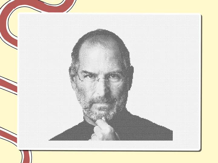 Black and white dot portrait of Steve Jobs, a Miro board template by theFacilitainer