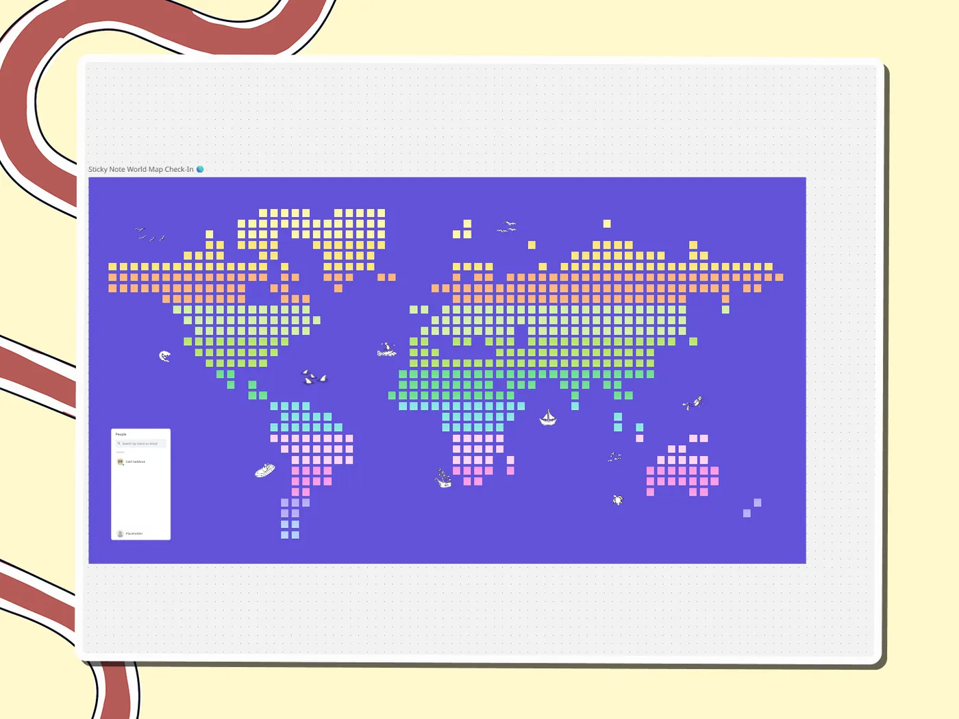 Pixel world map made of rainbow sticky notes for a check-in, a Miro board template by theFacilitainer