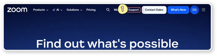 Zoom's website with Support highlighted
