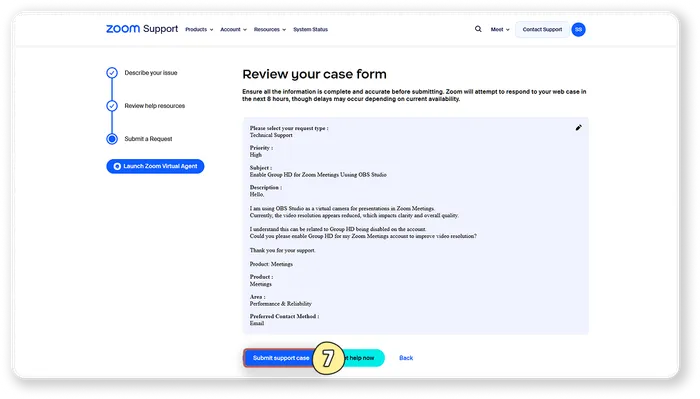 Zoom's reviewed support case form with Submit support case highlighted