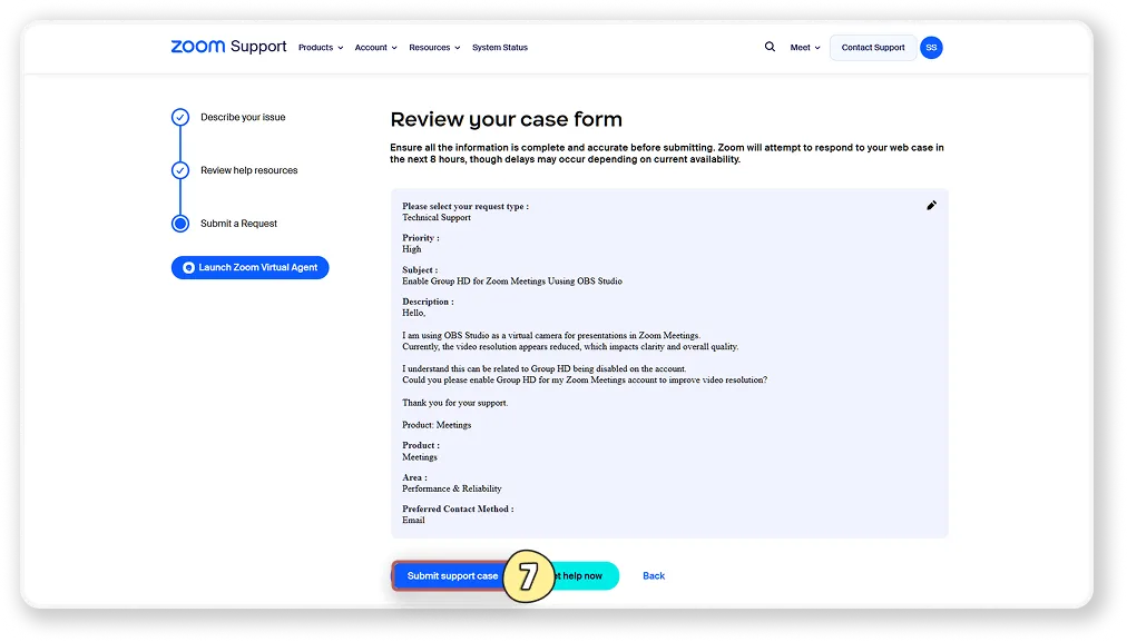 Zoom's reviewed support case form with Submit support case highlighted