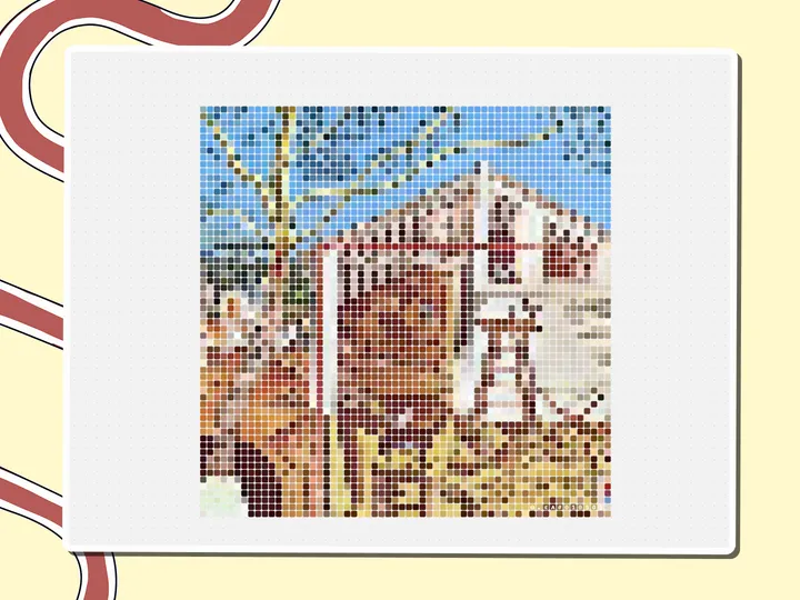 Pixel-art The Farm painting made of colored squares, a Miro board template by theFacilitainer