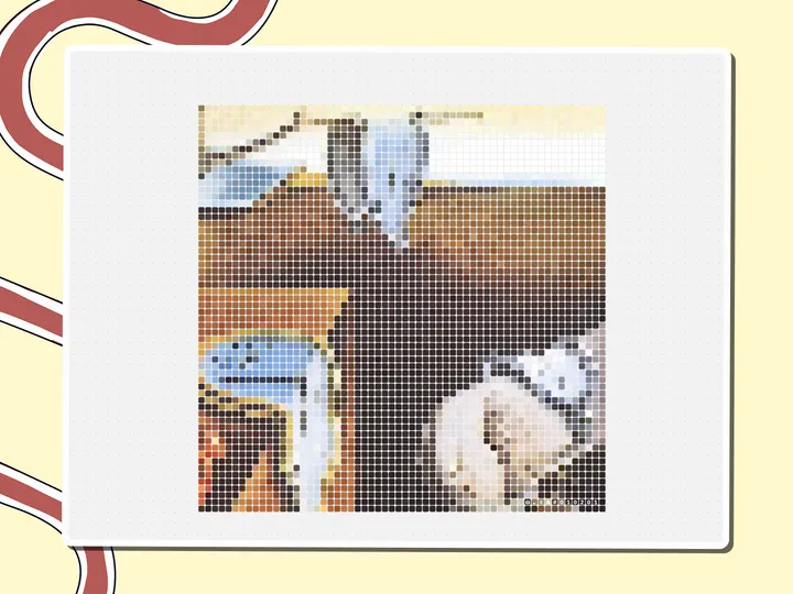Pixel-art The Persistence of Memory painting made of colored squares, a Miro board template by theFacilitainer