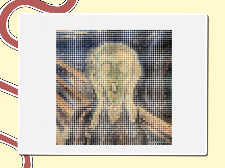 Pixel-art The Scream painting made of colored squares, a Miro board template by theFacilitainer