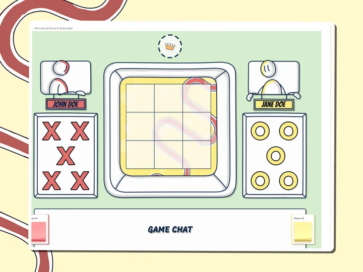 Tic-tac-toe board with X and O pieces and a game chat, a Miro board template by theFacilitainer