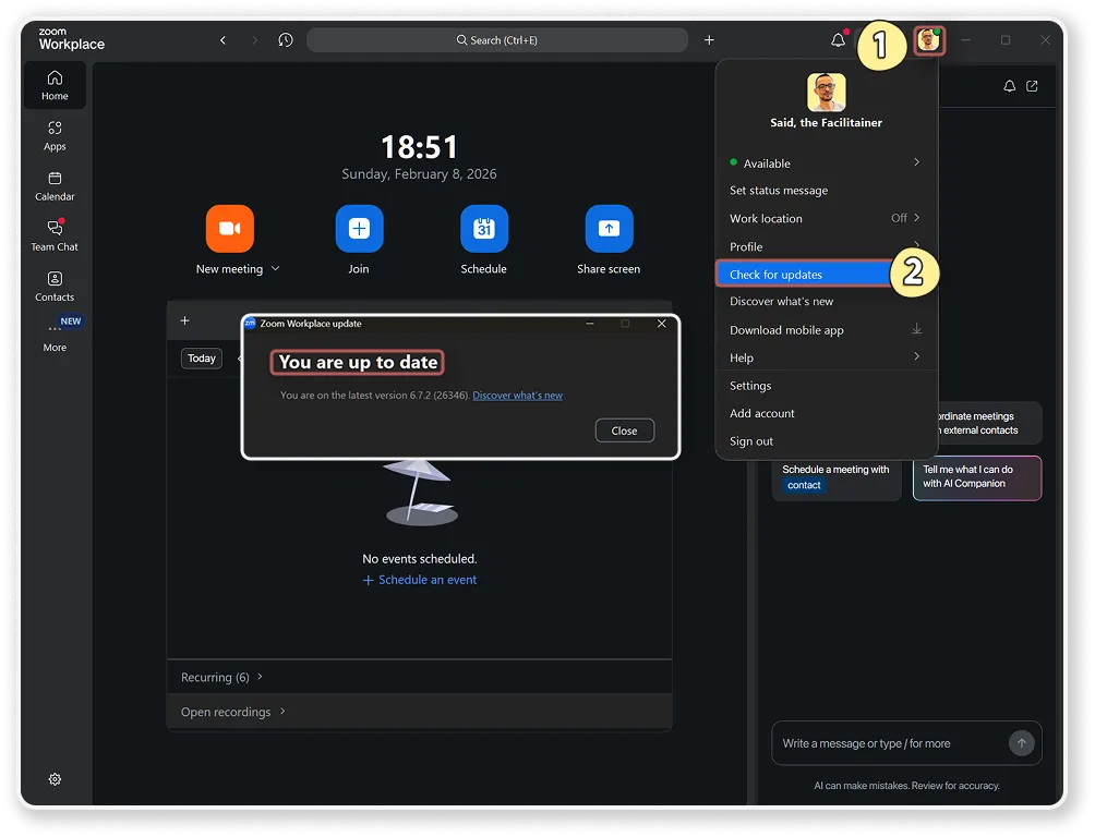 Zoom's profile menu with Check for Updates highlighted, and the resulting 'You are up to date' dialog