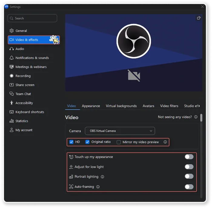 Zoom's Video &amp; effects settings panel: HD and Original ratio checked, Touch up my appearance, Adjust for low light, Portrait lighting, and Auto-framing all switched off