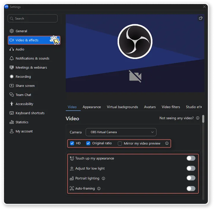 Zoom's Video & effects settings panel, the first thing this guide walks through