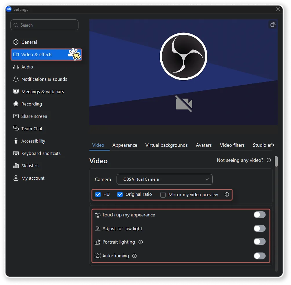 Zoom's Video &amp; effects settings panel: HD and Original ratio checked, Touch up my appearance, Adjust for low light, Portrait lighting, and Auto-framing all switched off