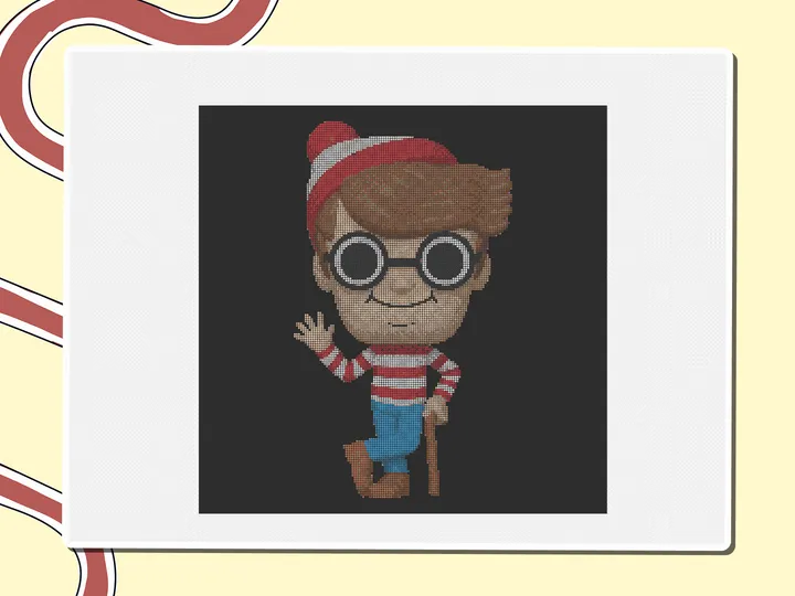 Pixel-art Waldo Funko Pop in red stripes and round glasses, a Miro board template by theFacilitainer